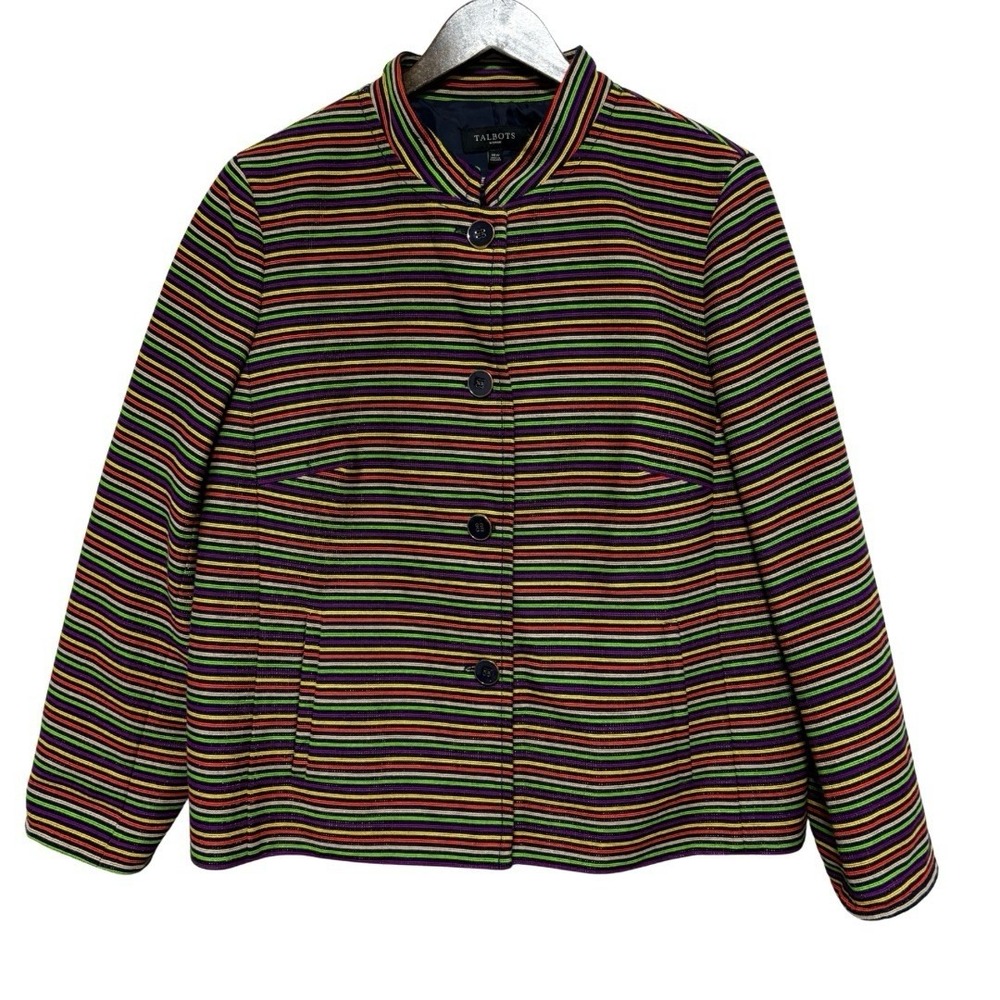 Talbots Blazer Womens 16W Rainbow Stripe Artsy Button Front Boxy Colorful Jacket